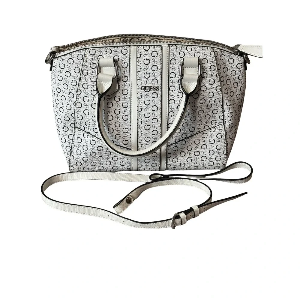 Guess Signature G Logo Satchel Handbag White Black Faux Leather Medium Purse
